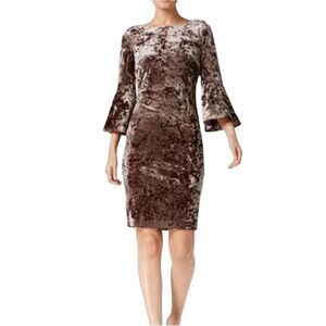 Calvin Klein NWT taupe brown crushed velvet bell sleeve sheath dress size 2